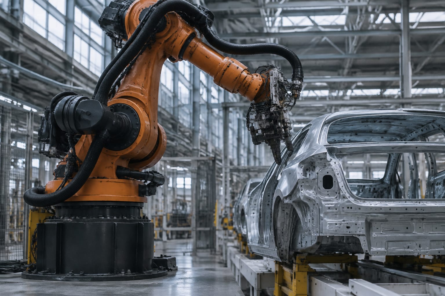Robot industrial asamblând caroseria unei mașini într-o fabrică automatizată modernă