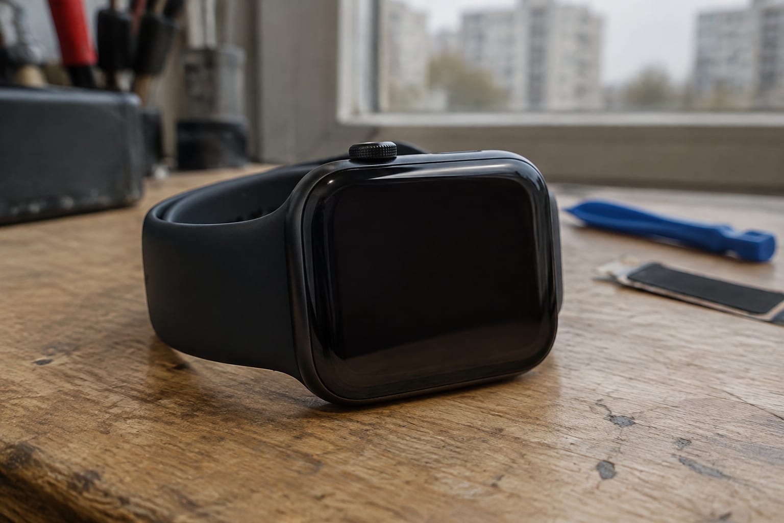 Smartwatch negru pe banc de lucru