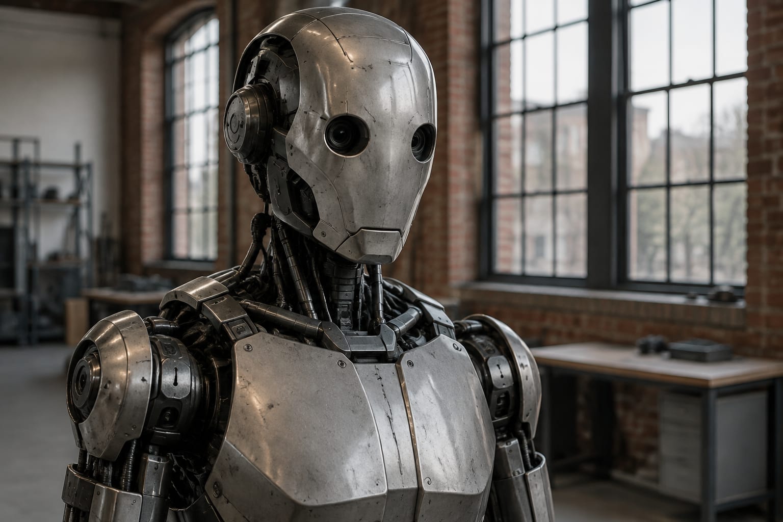 Robot umanoid metalic într-un spațiu de producție industrială